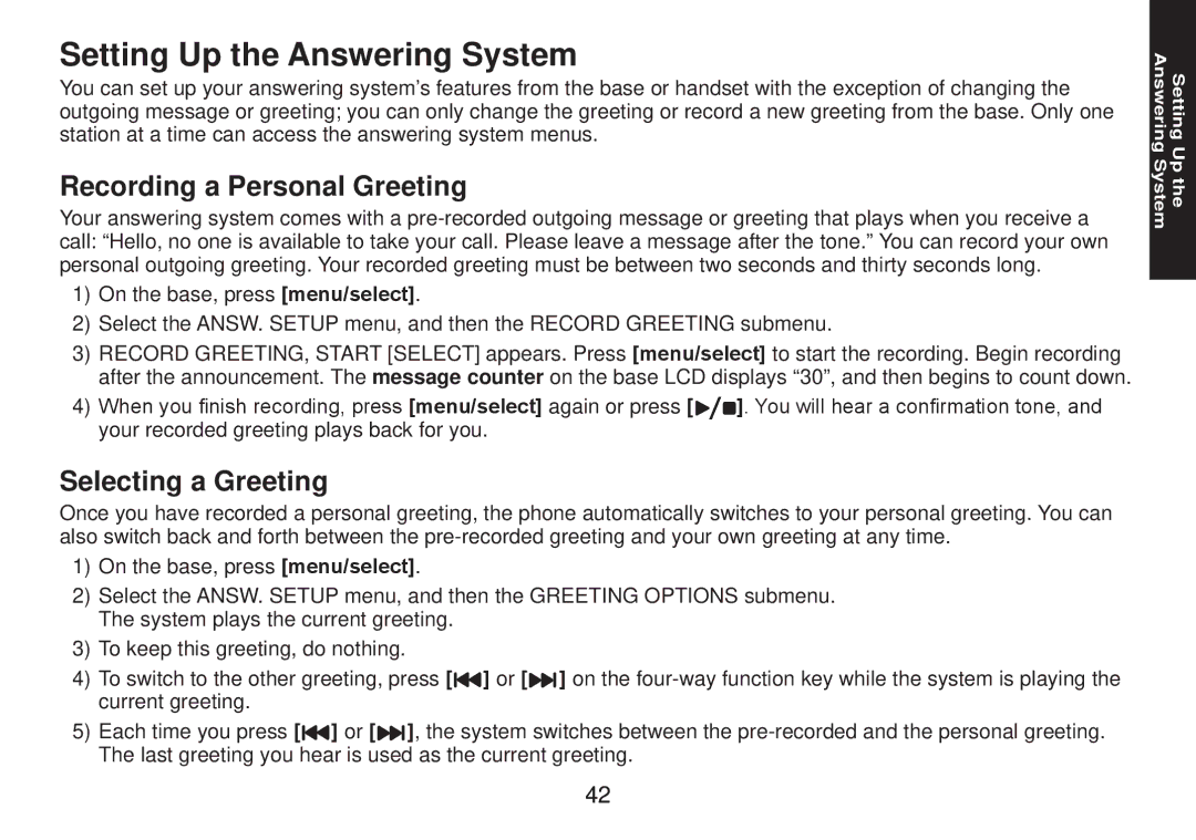 Uniden TRU9585 manual Setting Up the Answering System, Recording a Personal Greeting, Selecting a Greeting 