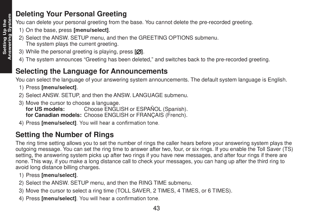 Uniden TRU9585 Deleting Your Personal Greeting, Selecting the Language for Announcements, Setting the Number of Rings 