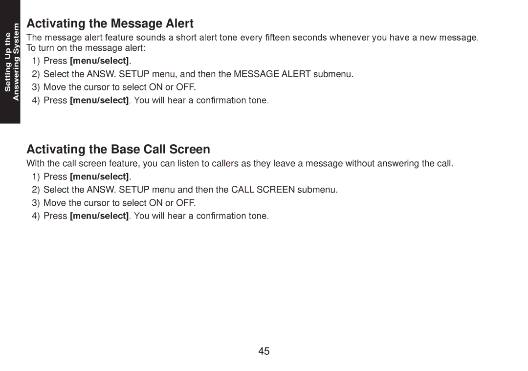 Uniden TRU9585 manual Activating the Message Alert, Activating the Base Call Screen 