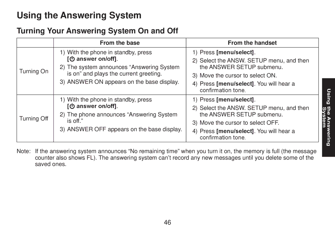 Uniden TRU9585 manual Using the Answering System, Turning Your Answering System On and Off, From the base From the handset 