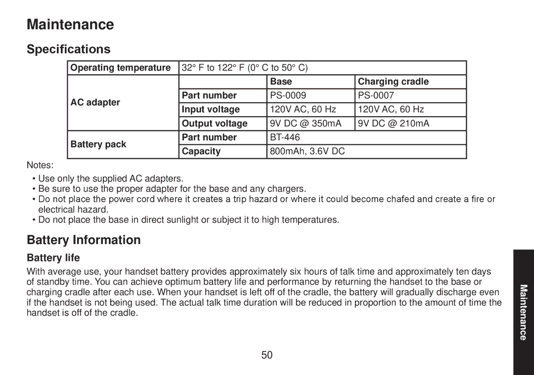 Uniden TRU9585 manual Maintenance, Specifications, Battery Information, Battery life 