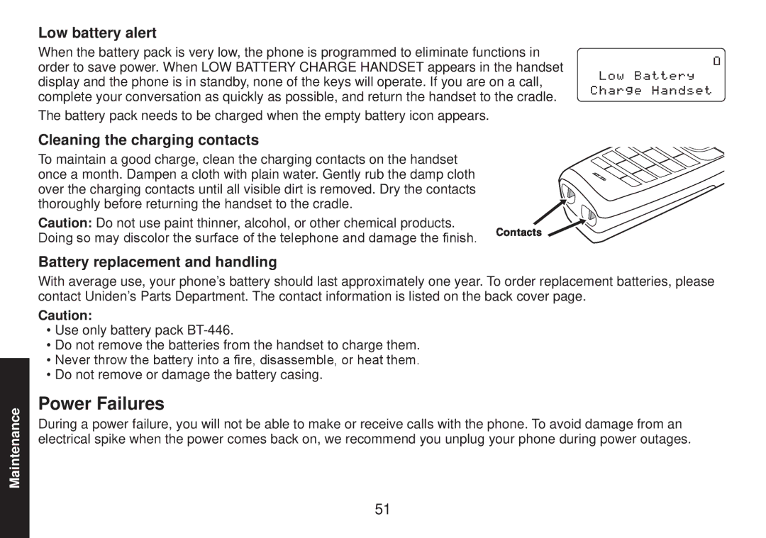 Uniden TRU9585 manual Power Failures, Low battery alert, Cleaning the charging contacts, Battery replacement and handling 