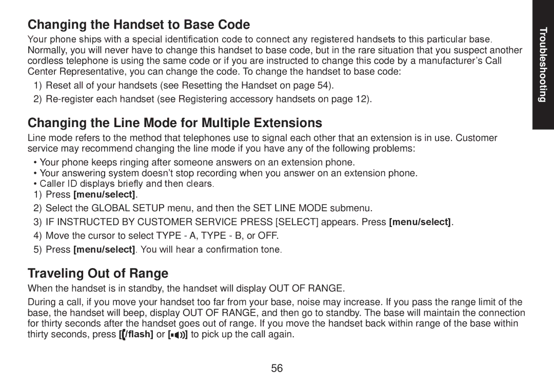 Uniden TRU9585 Changing the Handset to Base Code, Changing the Line Mode for Multiple Extensions, Traveling Out of Range 