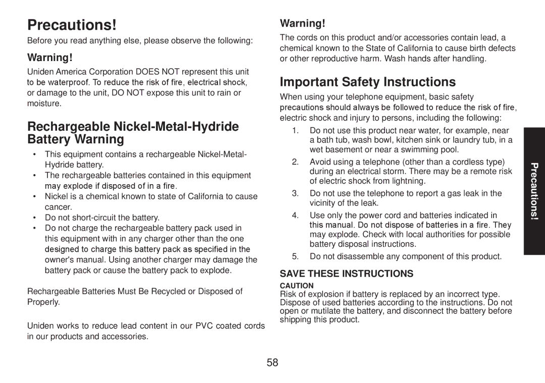 Uniden TRU9585 manual Precautions, Rechargeable Nickel-Metal-Hydride Battery Warning, Important Safety Instructions 