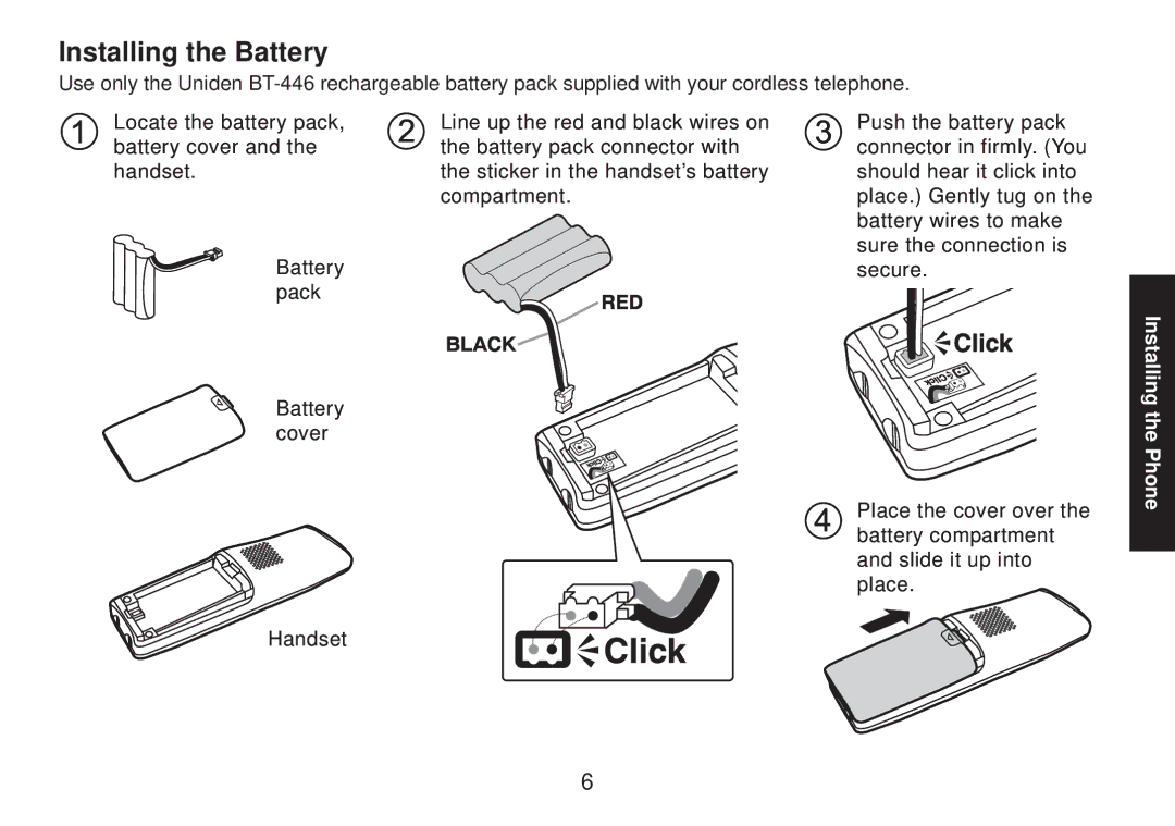 Uniden TRU9585 manual Installing the Battery 