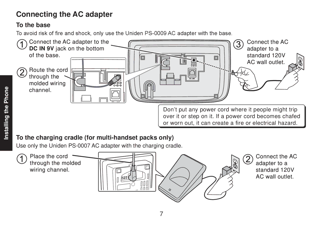 Uniden TRU9585 manual Connecting the AC adapter, To the base, To the charging cradle for multi-handset packs only 