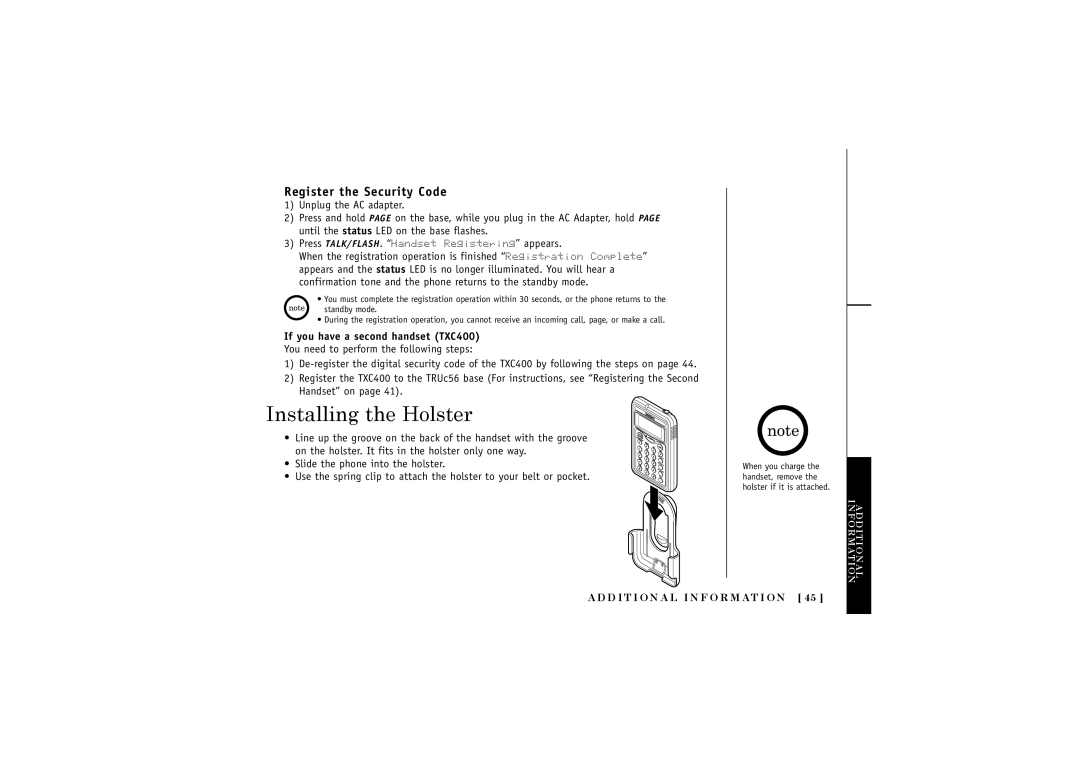 Uniden TRUC56 manual Installing the Holster, Register the Security Code, If you have a second handset TXC400 