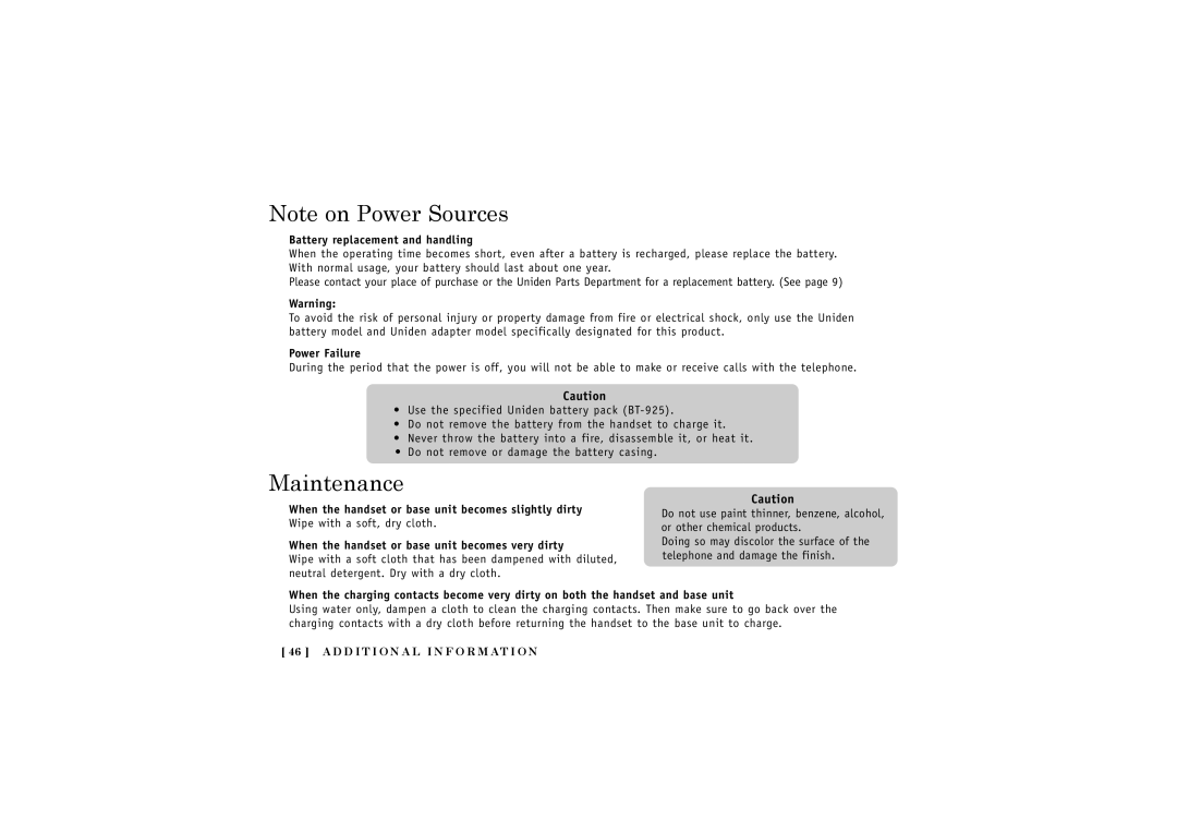 Uniden TRUC56 manual Maintenance, Battery replacement and handling, Power Failure 