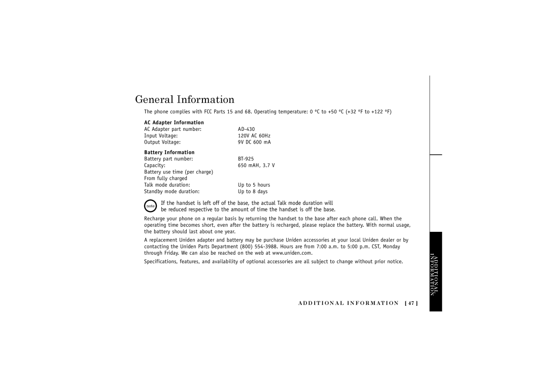Uniden TRUC56 manual General Information, AC Adapter Information, Battery Information 