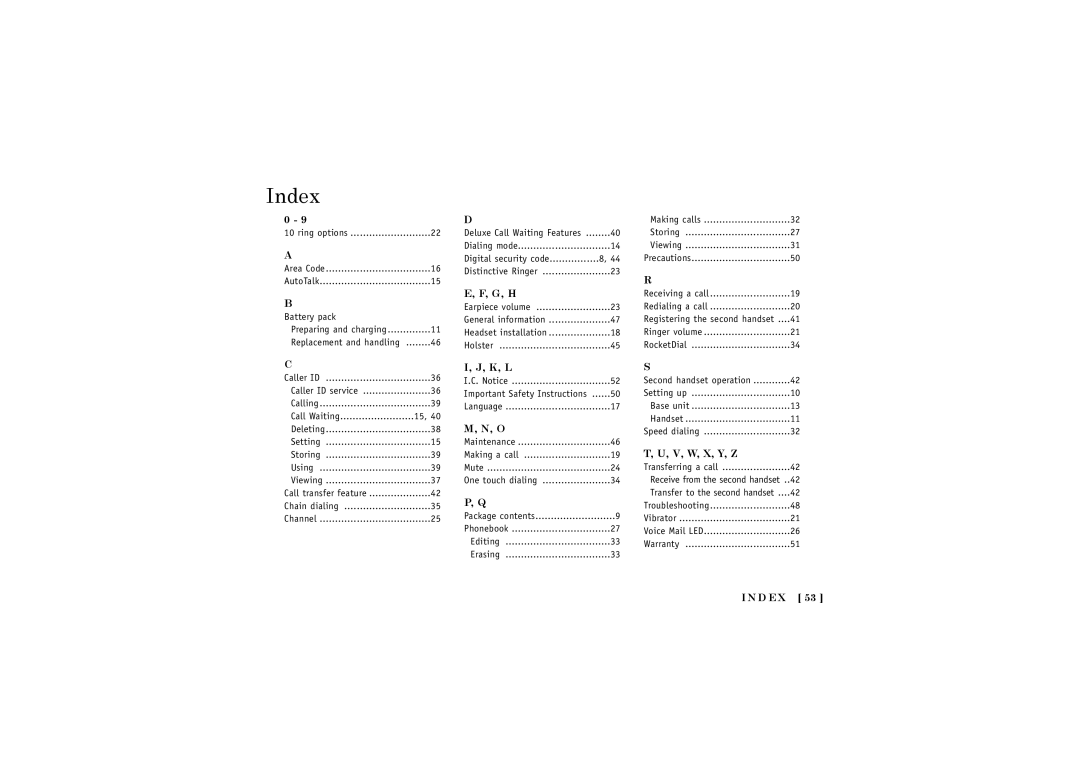 Uniden TRUC56 manual Index, G, H, K, L, V, W, X, Y, Z, D E X 