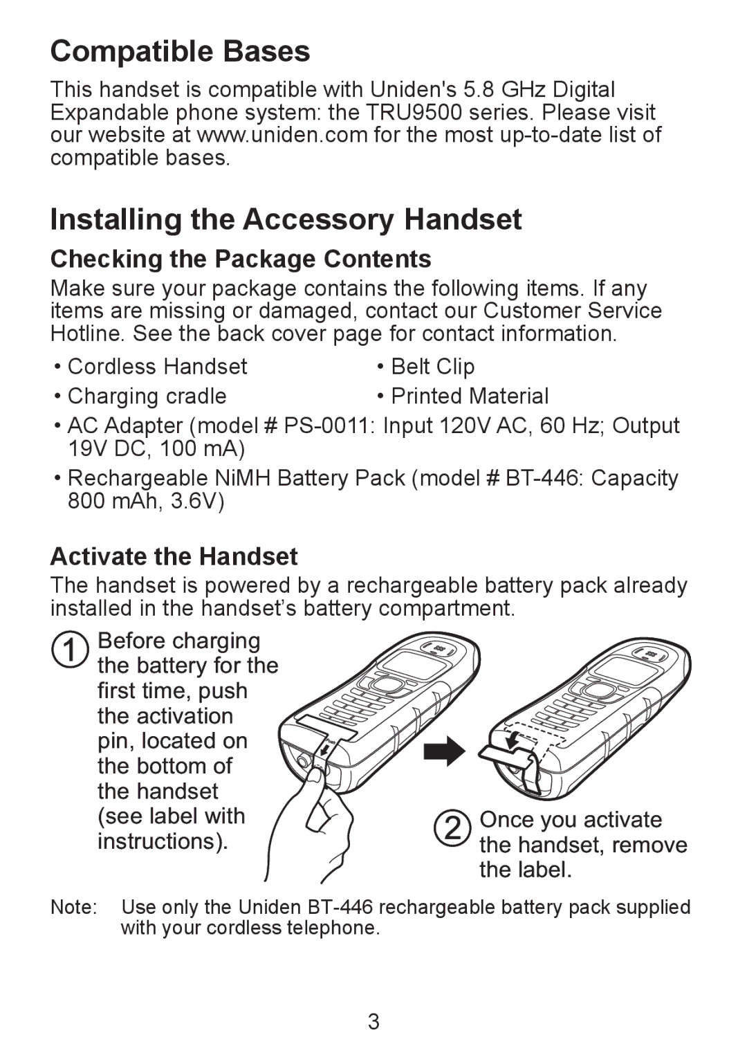 Uniden TWX955 manual Compatible Bases Installing the Accessory Handset, Checking the Package Contents, Activate the Handset 