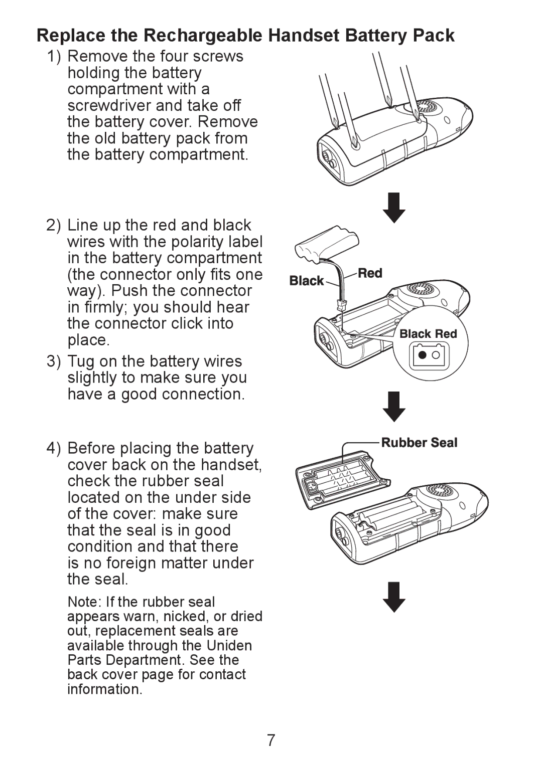 Uniden TWX955 manual Replace the Rechargeable Handset Battery Pack 