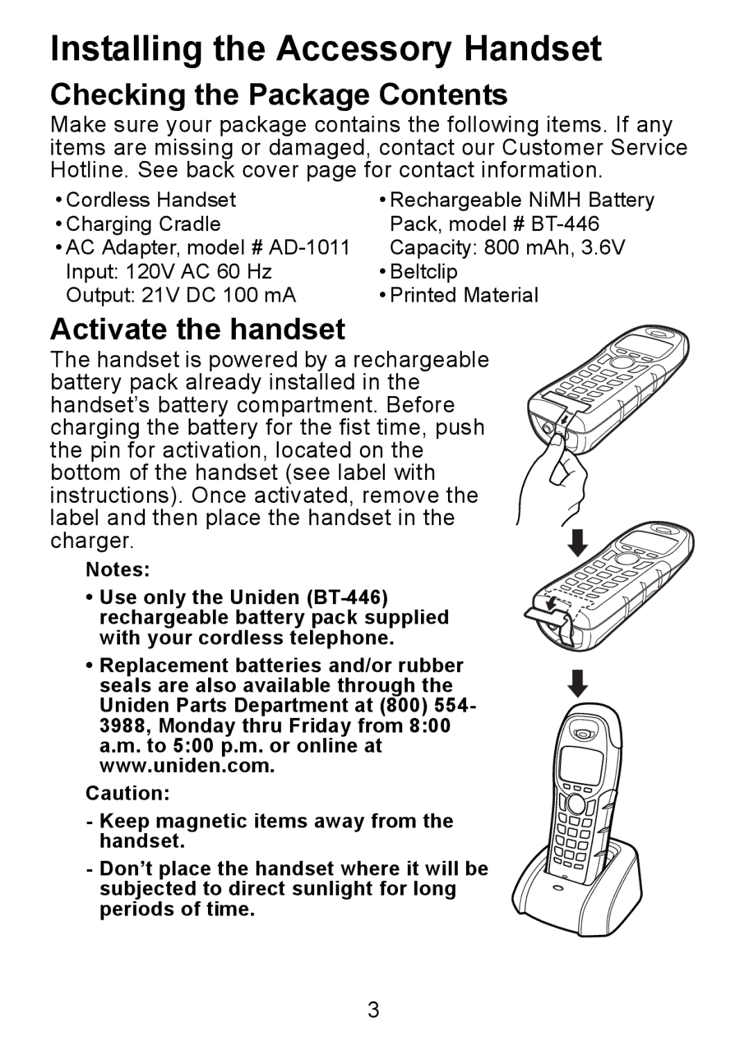 Uniden TWX977 manual Installing the Accessory Handset, Checking the Package Contents, Activate the handset 