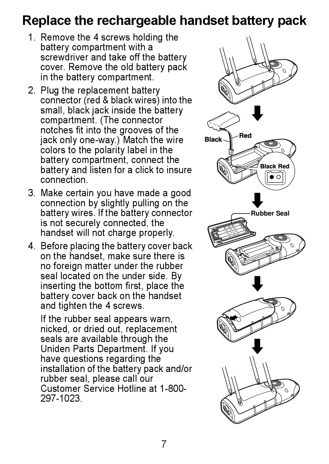 Uniden TWX977 manual Replace the rechargeable handset battery pack 