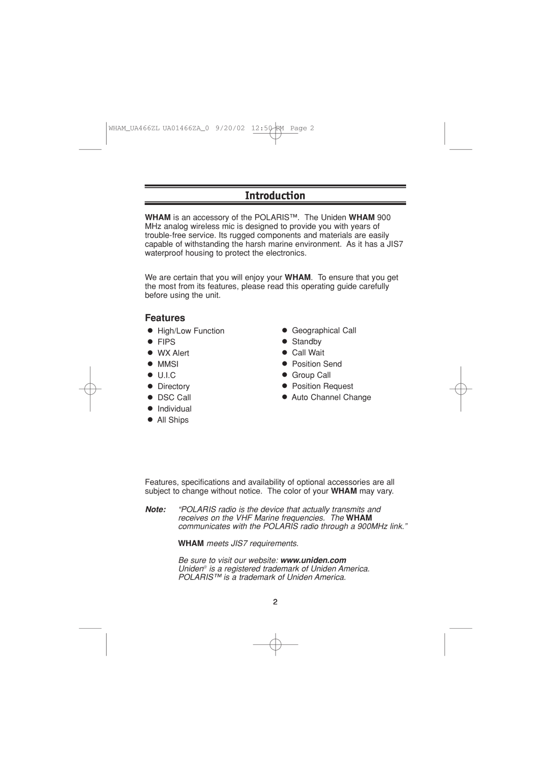 Uniden UA466ZL manual Introduction, Features 