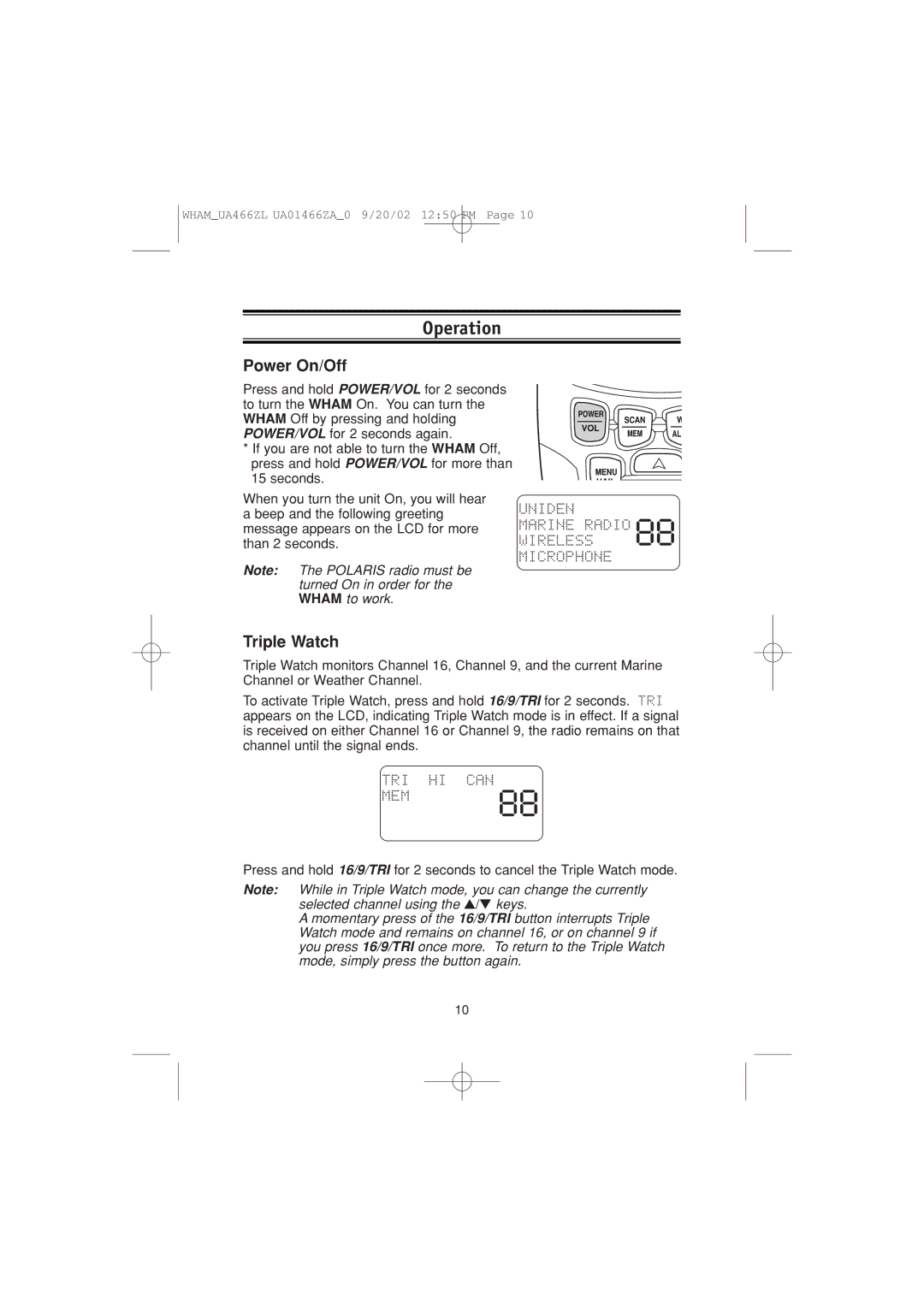 Uniden UA466ZL manual Operation, Power On/Off, Triple Watch 