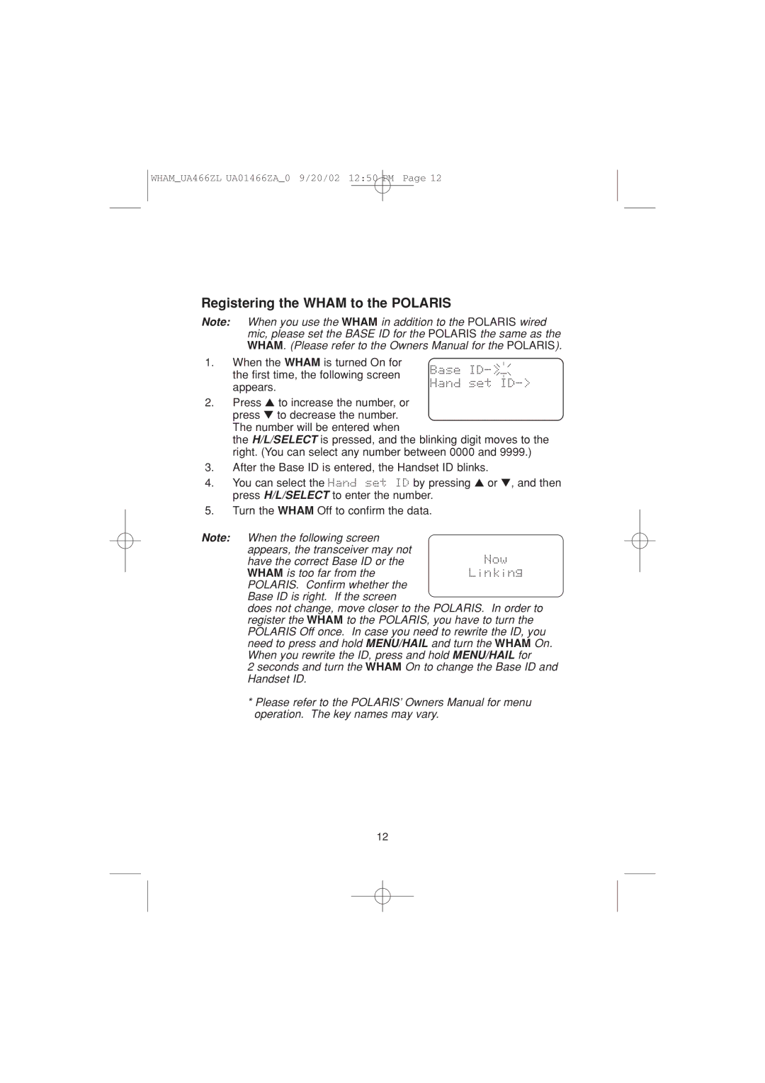 Uniden UA466ZL manual Registering the Wham to the Polaris, Appears 