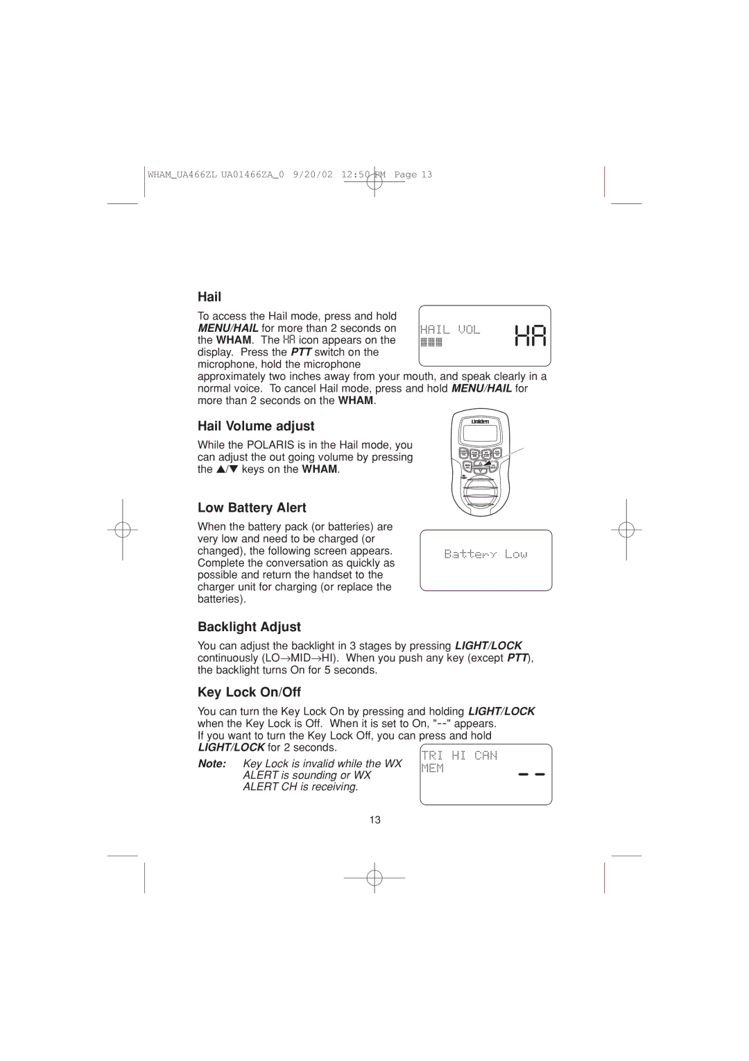 Uniden UA466ZL manual Hail Volume adjust, Low Battery Alert, Backlight Adjust, Key Lock On/Off 