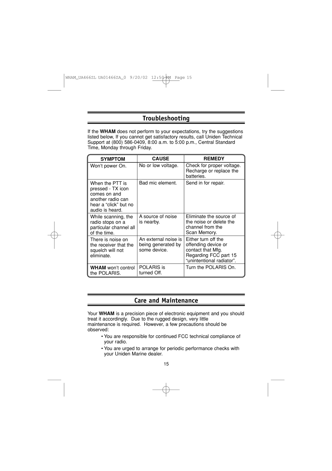 Uniden UA466ZL manual Troubleshooting, Care and Maintenance 