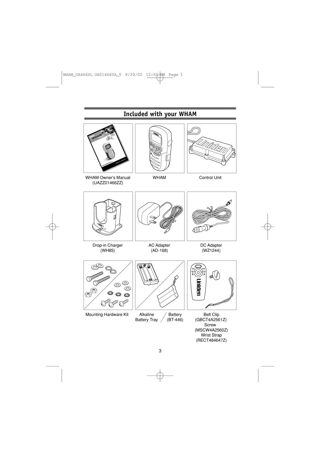 Uniden UA466ZL manual Included with your Wham 