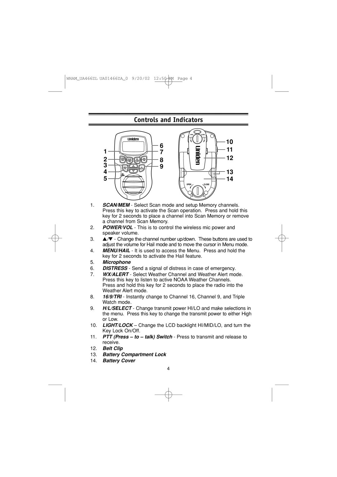 Uniden UA466ZL manual Controls and Indicators, Microphone 