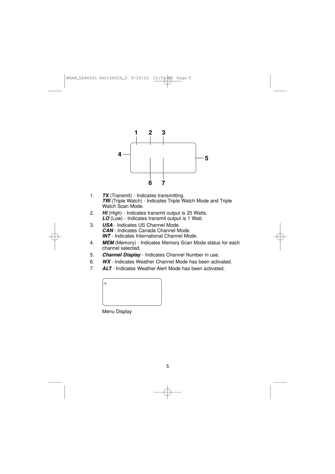 Uniden UA466ZL manual Menu Display 