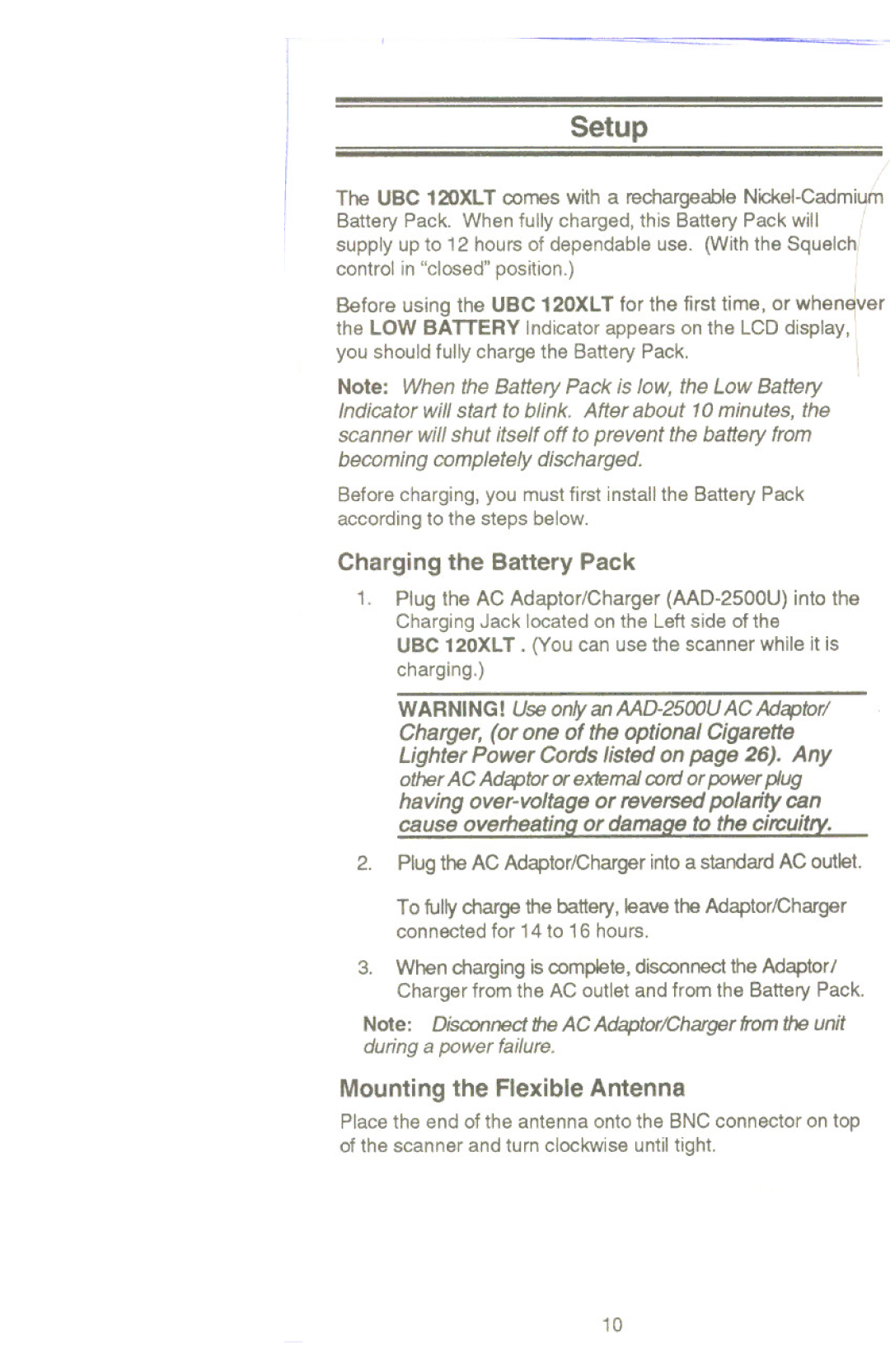 Uniden UBC 120XLT manual Setup, Charging the Battery Pack, Mounting the Flexible Antenna 
