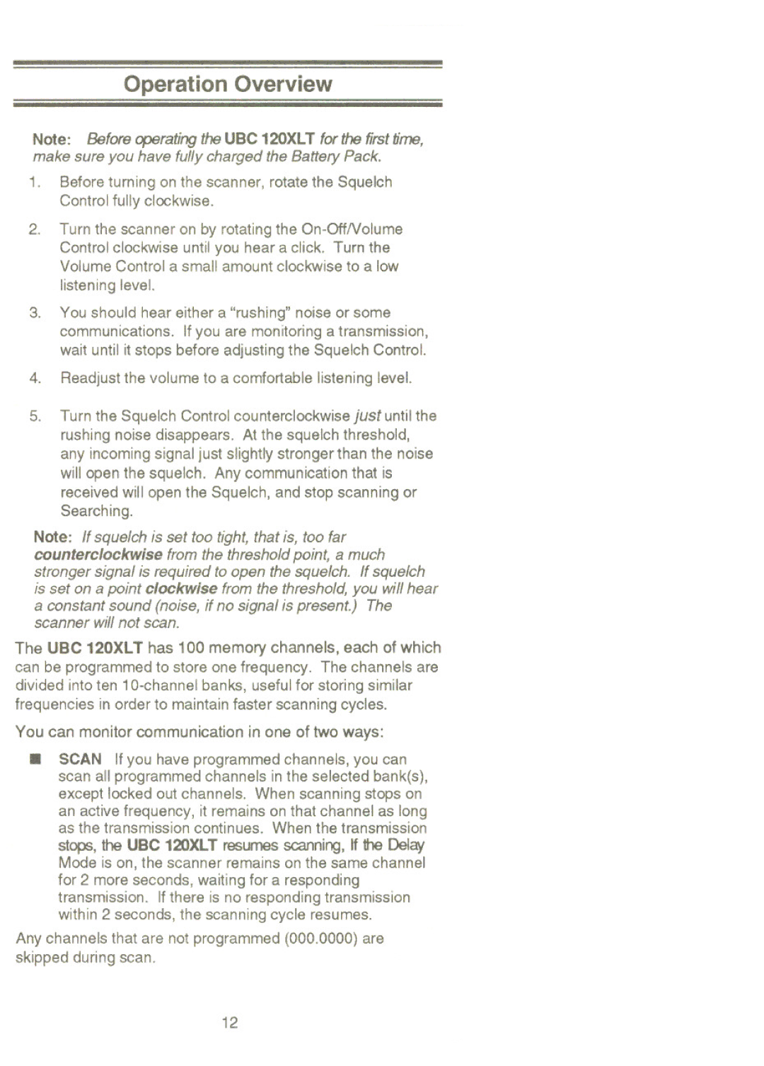 Uniden UBC 120XLT manual Operation Overview 