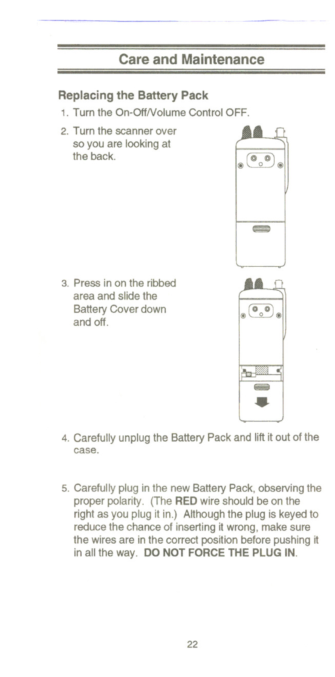 Uniden UBC 120XLT manual Care and Maintenance, Replacing the Battery Pack 