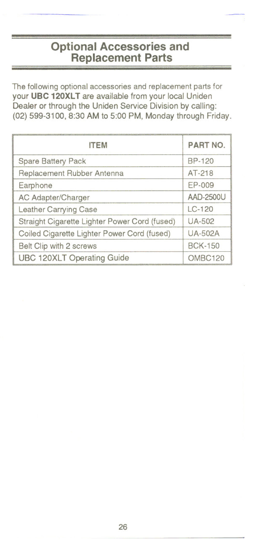 Uniden UBC 120XLT manual Your UBC 120XL T are available from your local Uniden, LC-120 UA-502 UA-502A BCK-150 OMBC120 