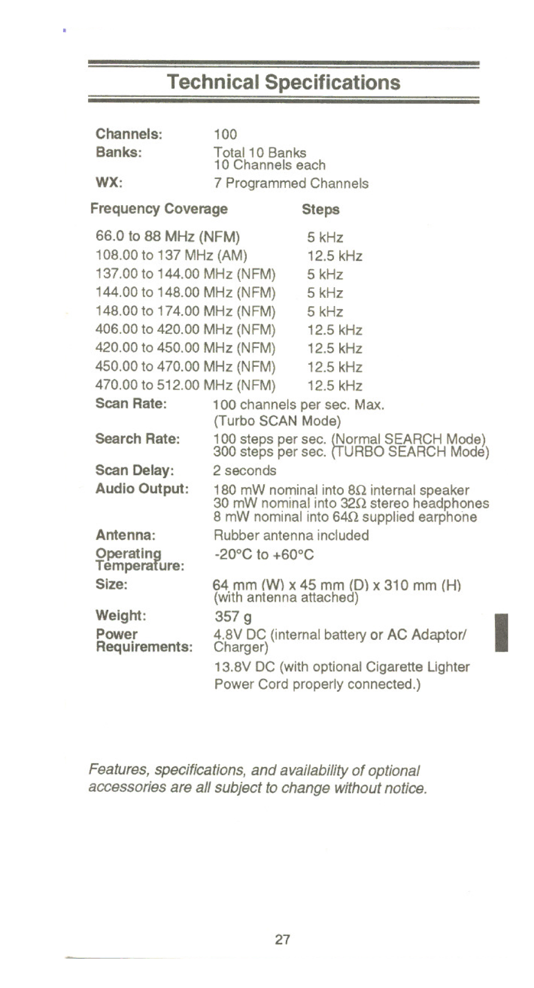 Uniden UBC 120XLT manual Technical Specifications 