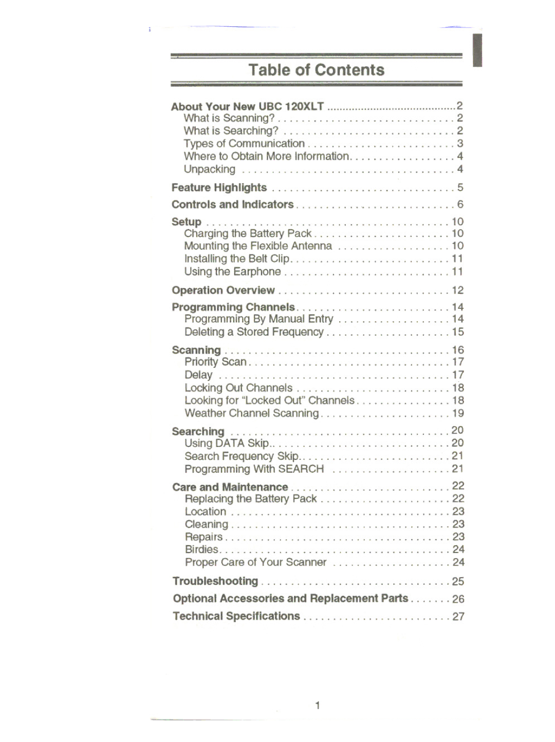 Uniden UBC 120XLT manual Table of Contents 