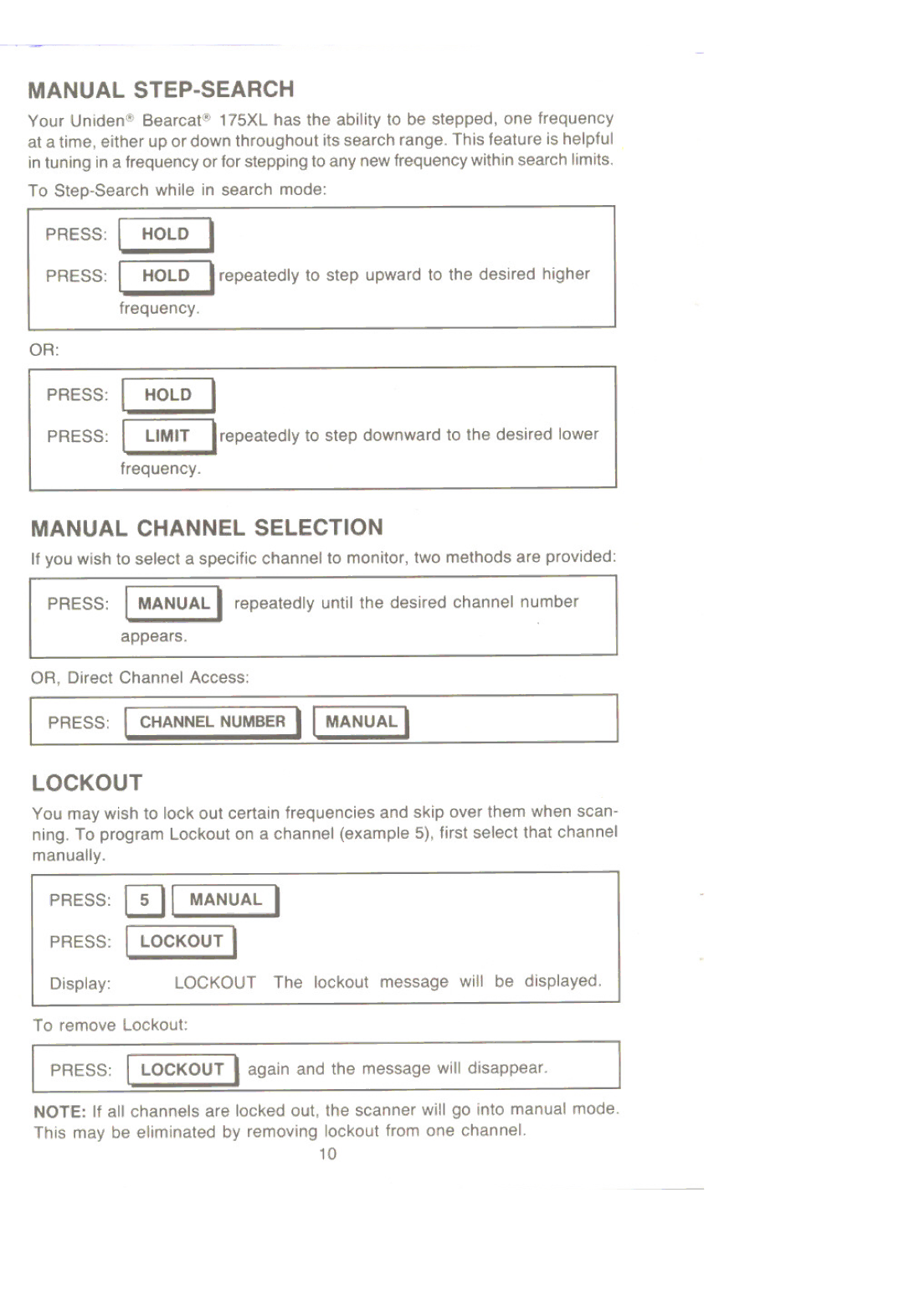 Uniden UBC 175xL manual Manual STEP-SEARCH, Manual Channel Selection, Lockout, Press Hold, Press I Hold 