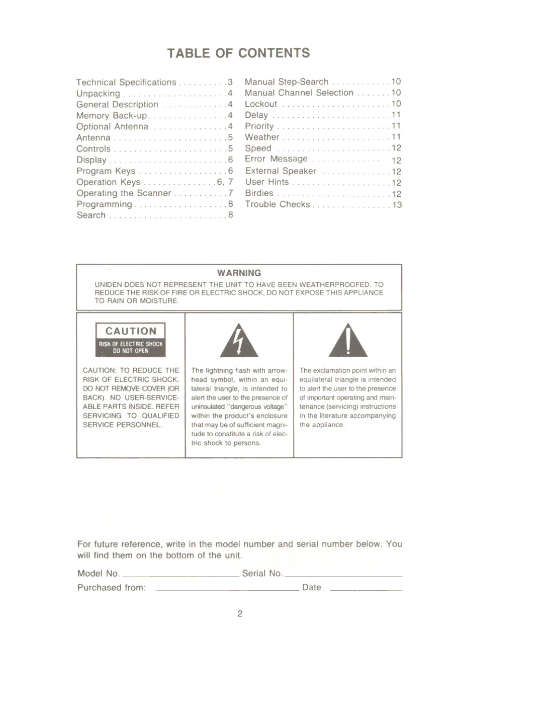 Uniden UBC 175xL manual Table of Contents 