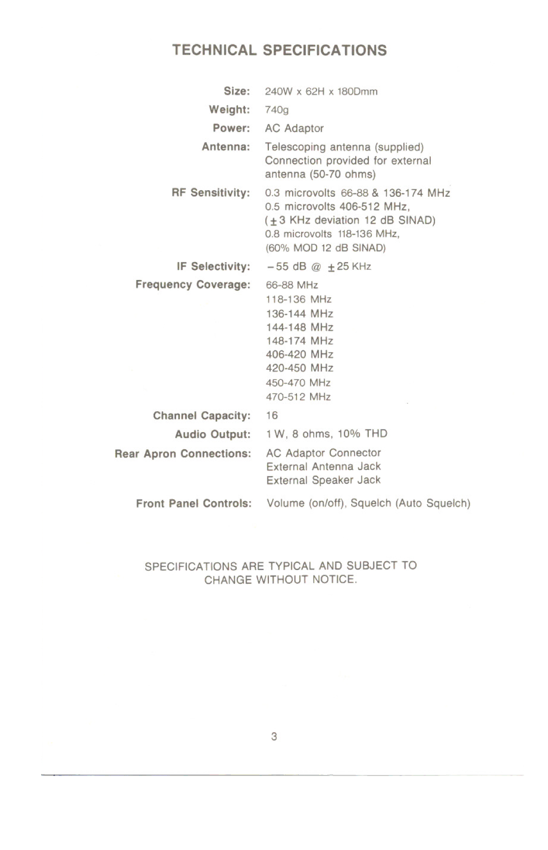 Uniden UBC 175xL manual Technical Specifications, Front Panel Controls 