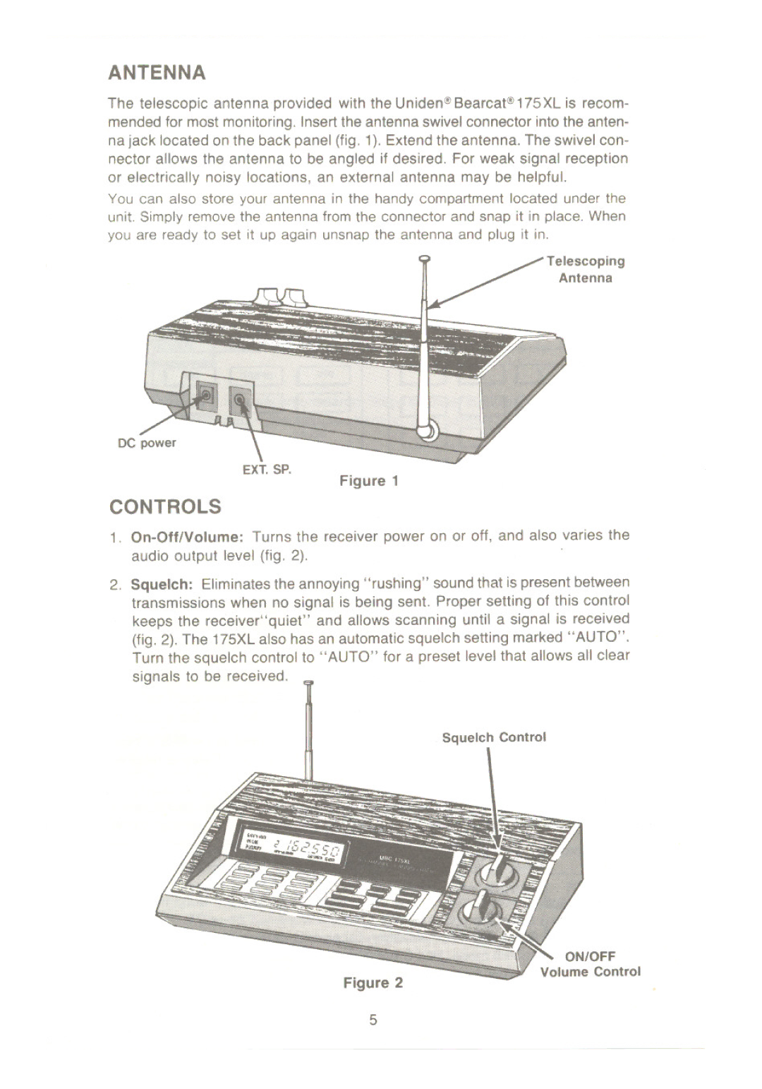 Uniden UBC 175xL manual Antenna, Controls 