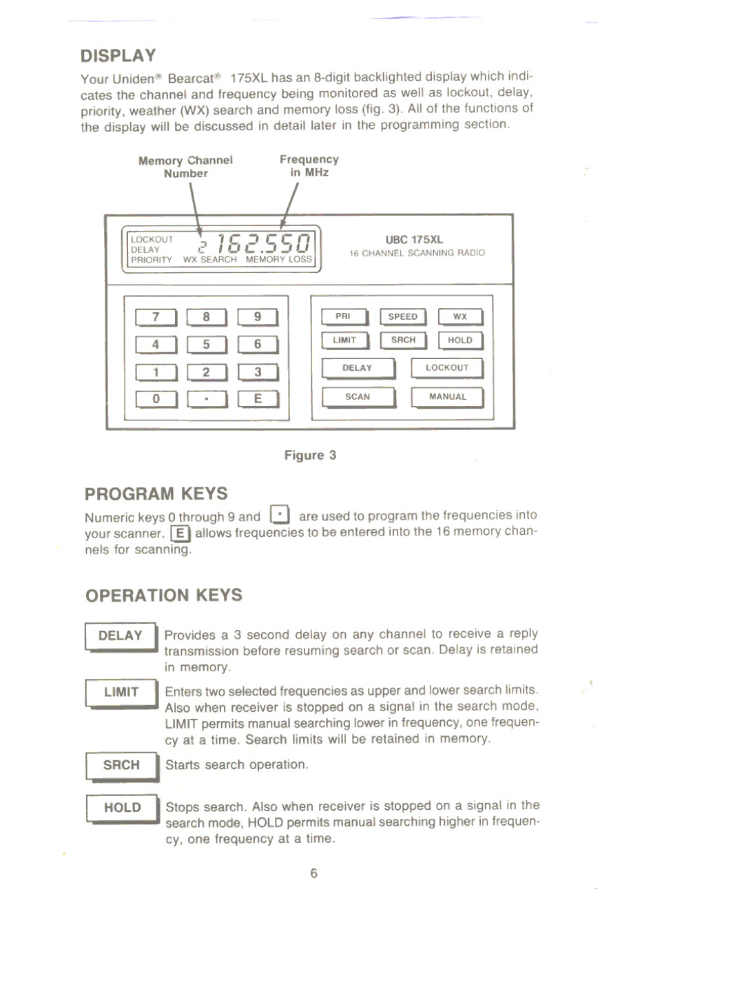 Uniden UBC 175xL manual Display, Program Keys, Operation Keys, Srch Hold 