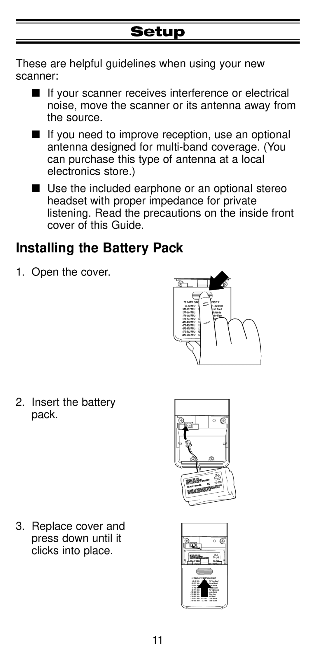 Uniden UBC 245XLT manual Setup, Installing the Battery Pack 