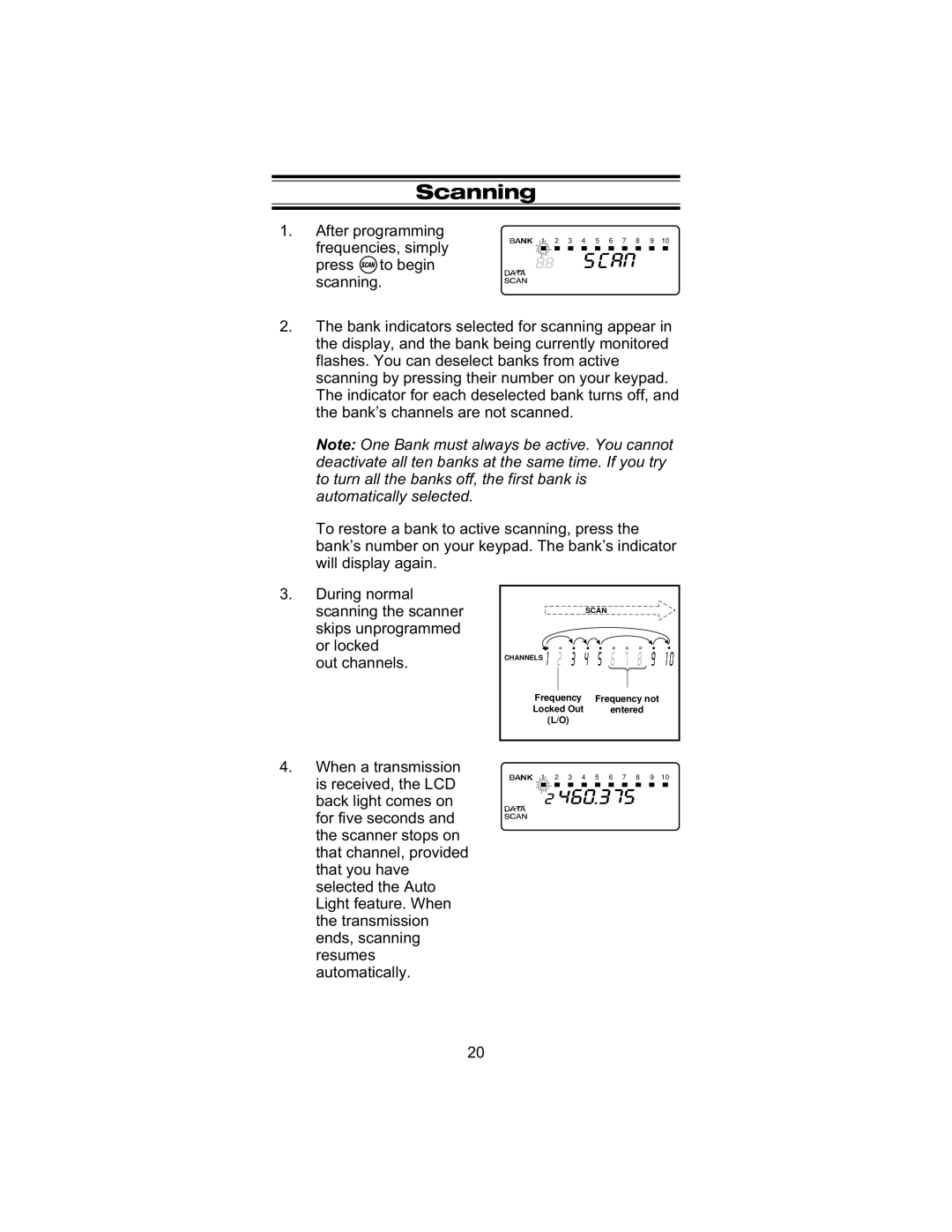 Uniden UBC 245XLT manual Scanning, CHANNELS1 2 3 4 5 6 7 8 9 