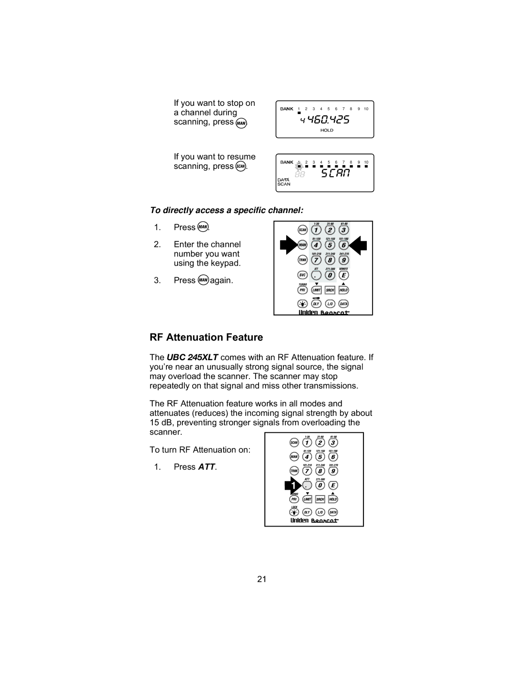 Uniden UBC 245XLT manual RF Attenuation Feature, To directly access a specific channel 