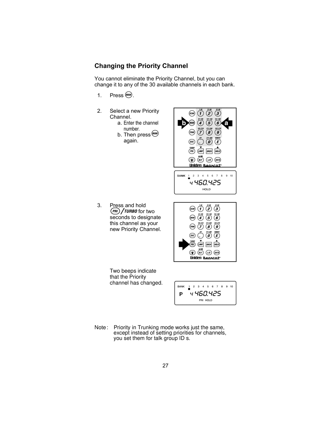 Uniden UBC 245XLT manual Changing the Priority Channel 