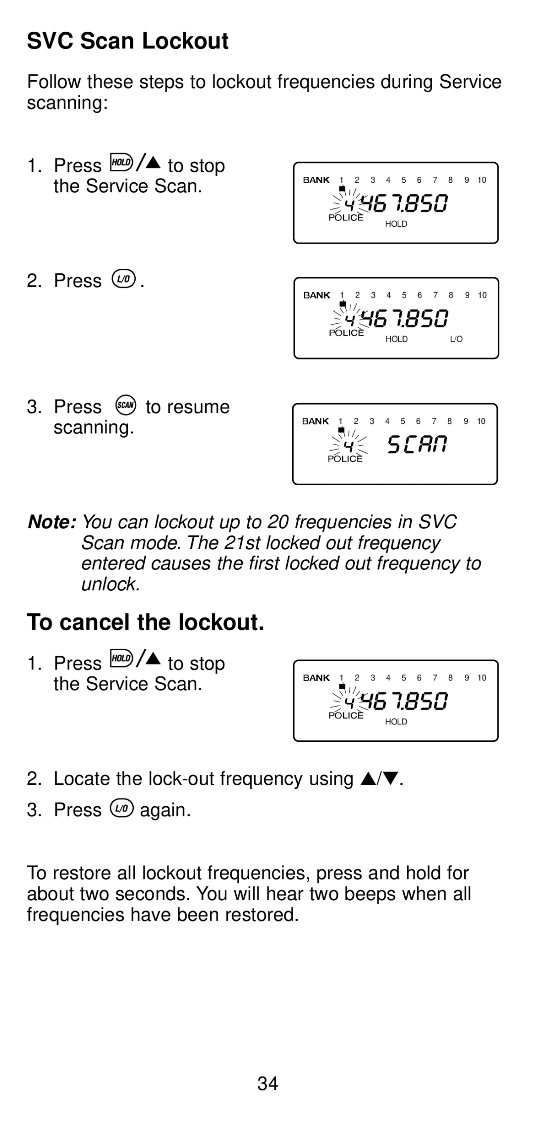 Uniden UBC 245XLT manual SVC Scan Lockout, To cancel the lockout 