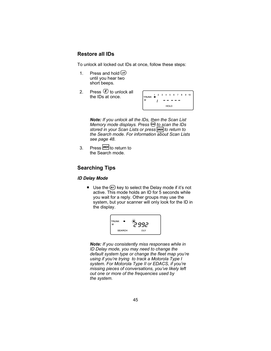 Uniden UBC 245XLT manual Restore all IDs, Searching Tips, ID DelaynMode 
