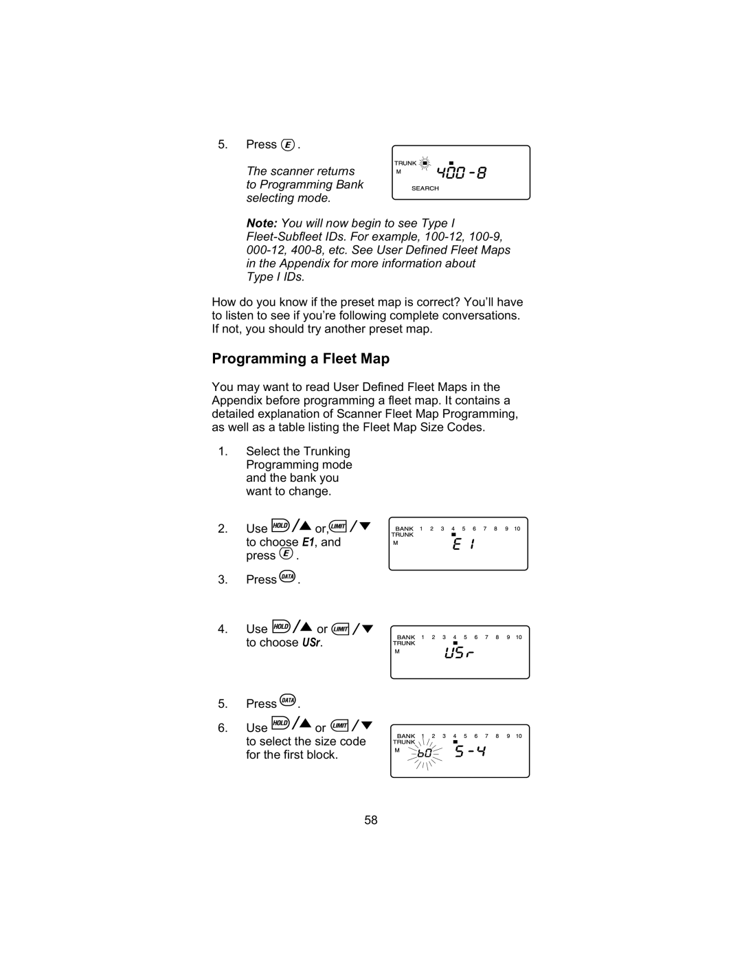 Uniden UBC 245XLT manual Programming a Fleet Map, Scanner returns to Programming Bank selecting mode 