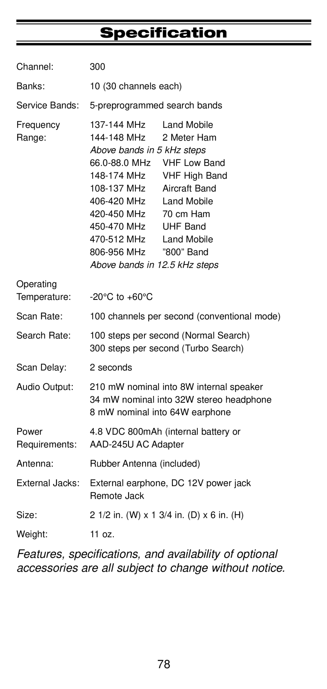 Uniden UBC 245XLT manual Specification, Above bands in 5 kHz steps 