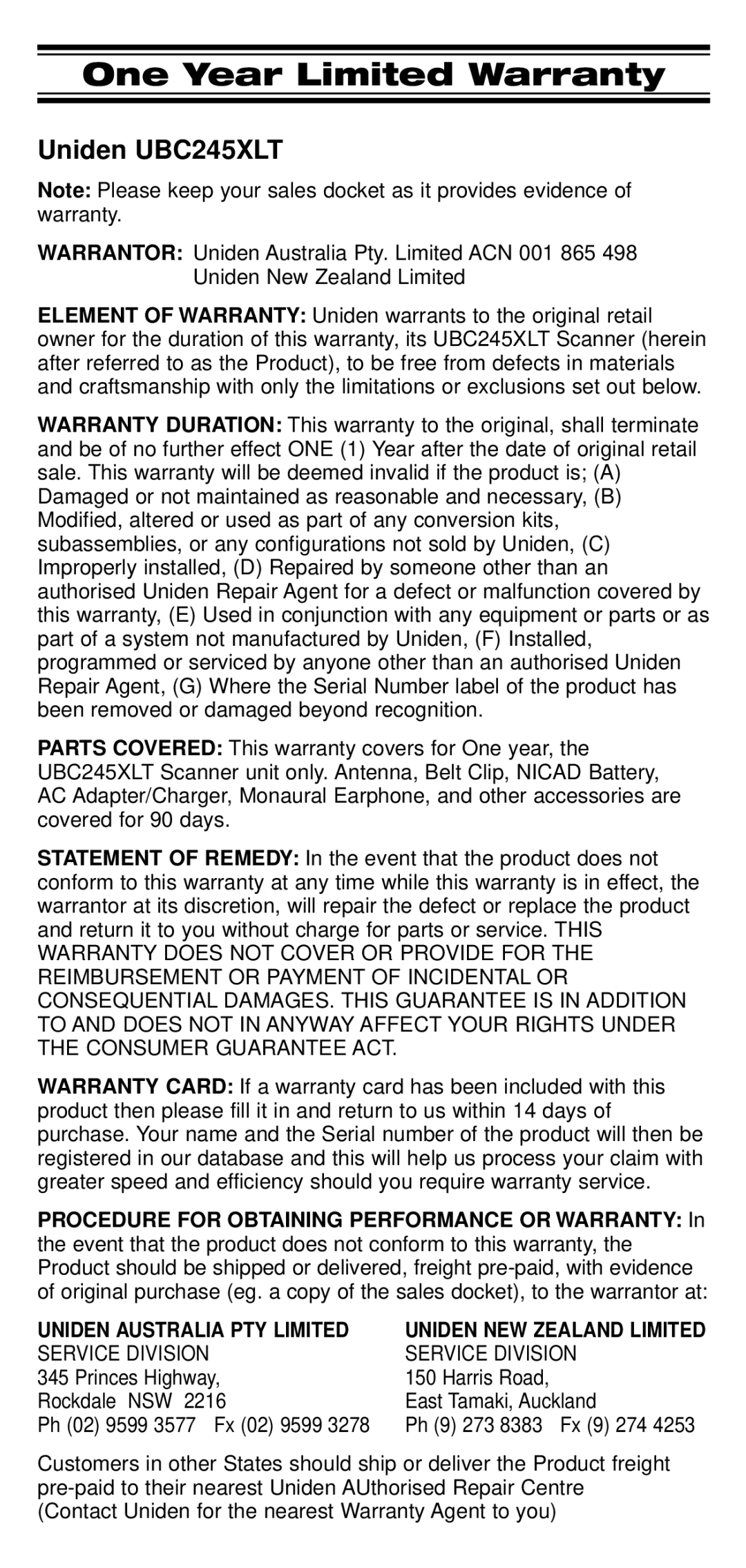 Uniden UBC 245XLT manual One Year Limited Warranty, Uniden UBC245XLT 