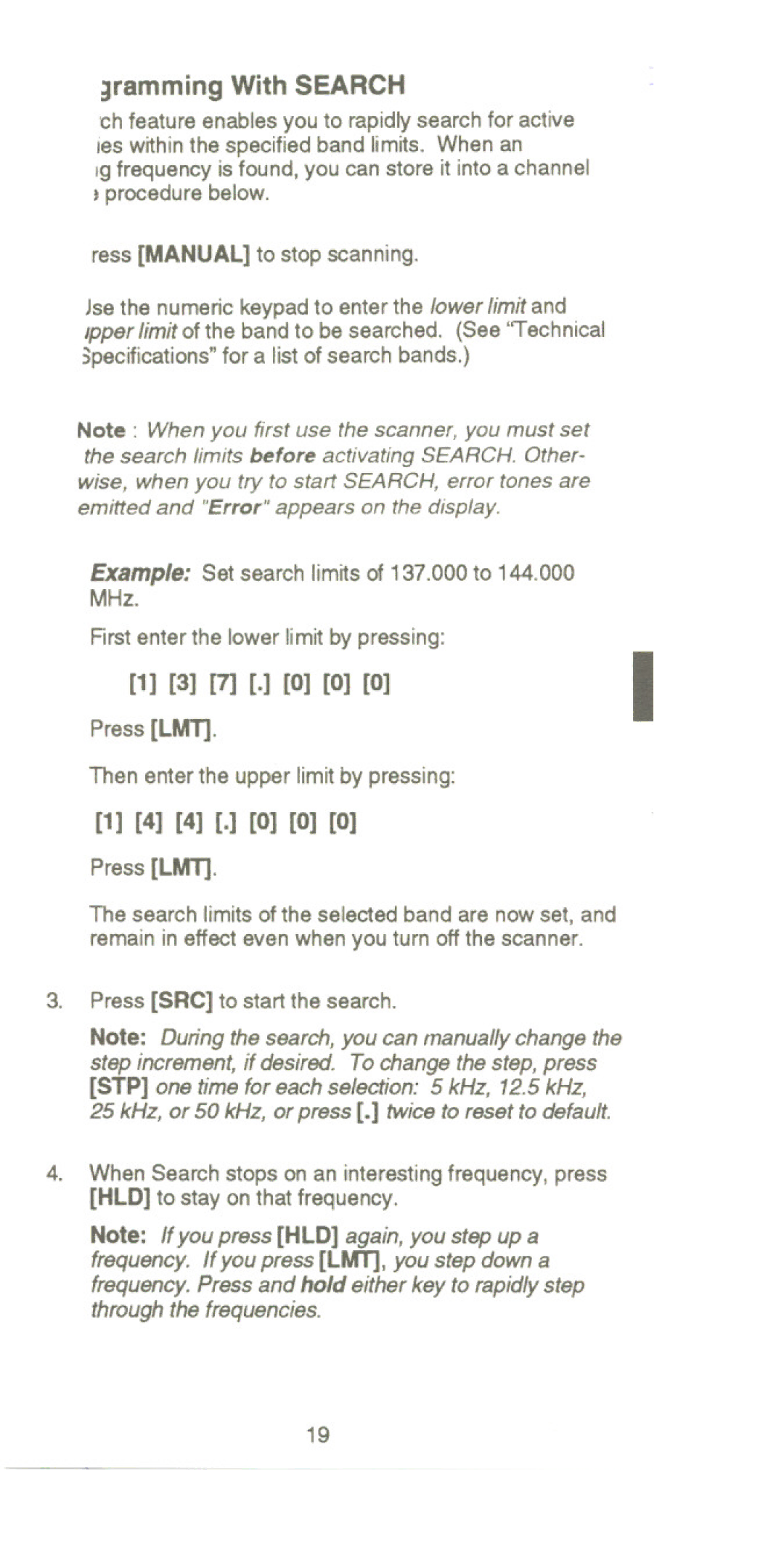 Uniden UBC 2500XLT manual Ress Manual to stop scanning, Example Set search limits of 137.000 to 144.000 MHz 