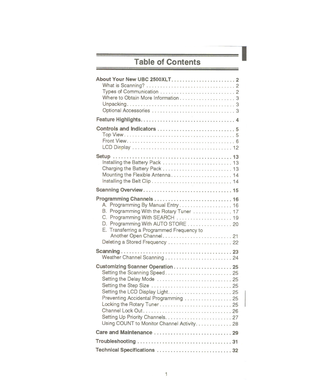 Uniden UBC 2500XLT manual Table of Contents 