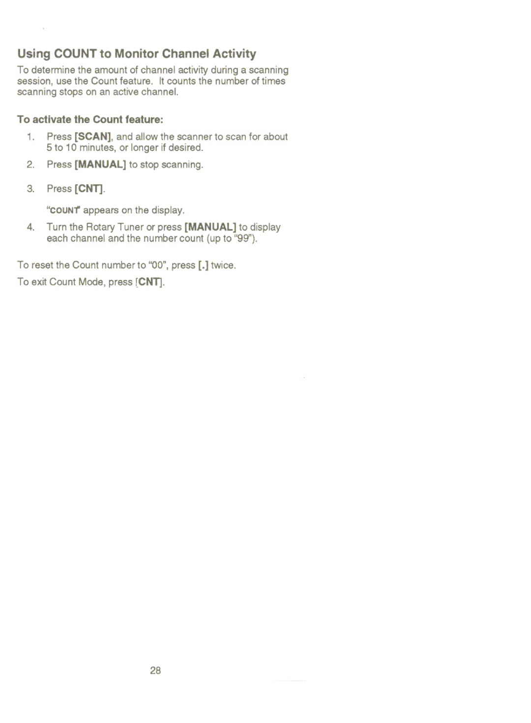 Uniden UBC 2500XLT manual Using Count to Monitor Channel Activity, To activate the Count feature 