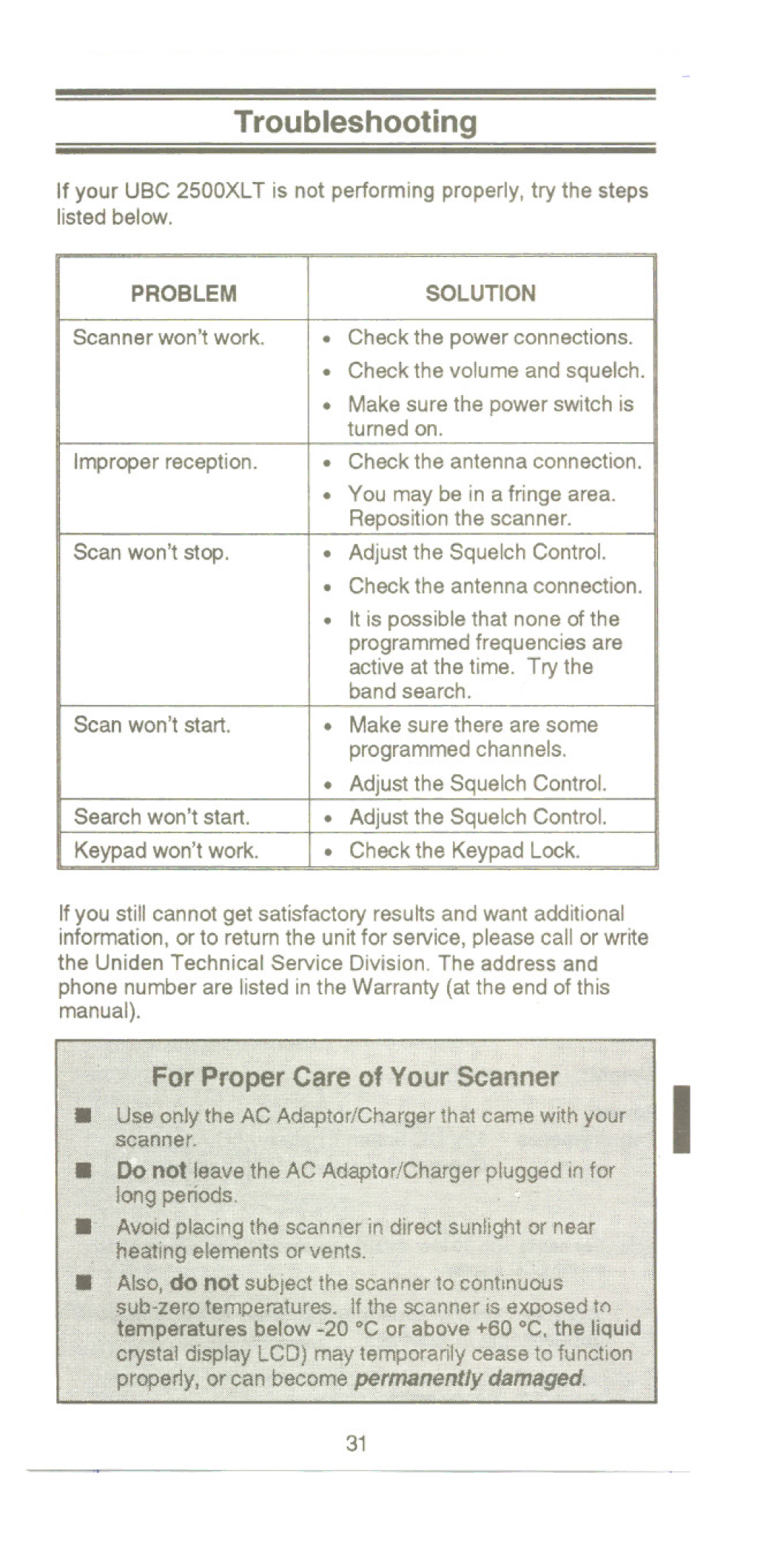 Uniden UBC 2500XLT manual Troubleshooting, Problem 